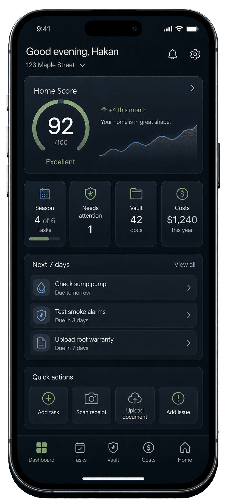 Home X Base iPhone dashboard showing Home Score and upcoming tasks